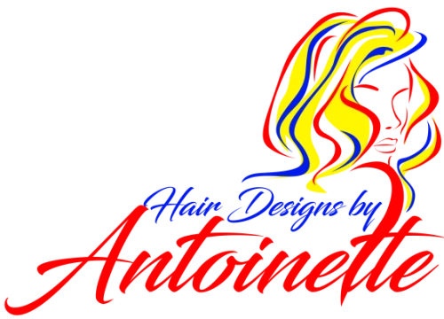 Hair Designs by Antoinette logo in red, blue and yellow